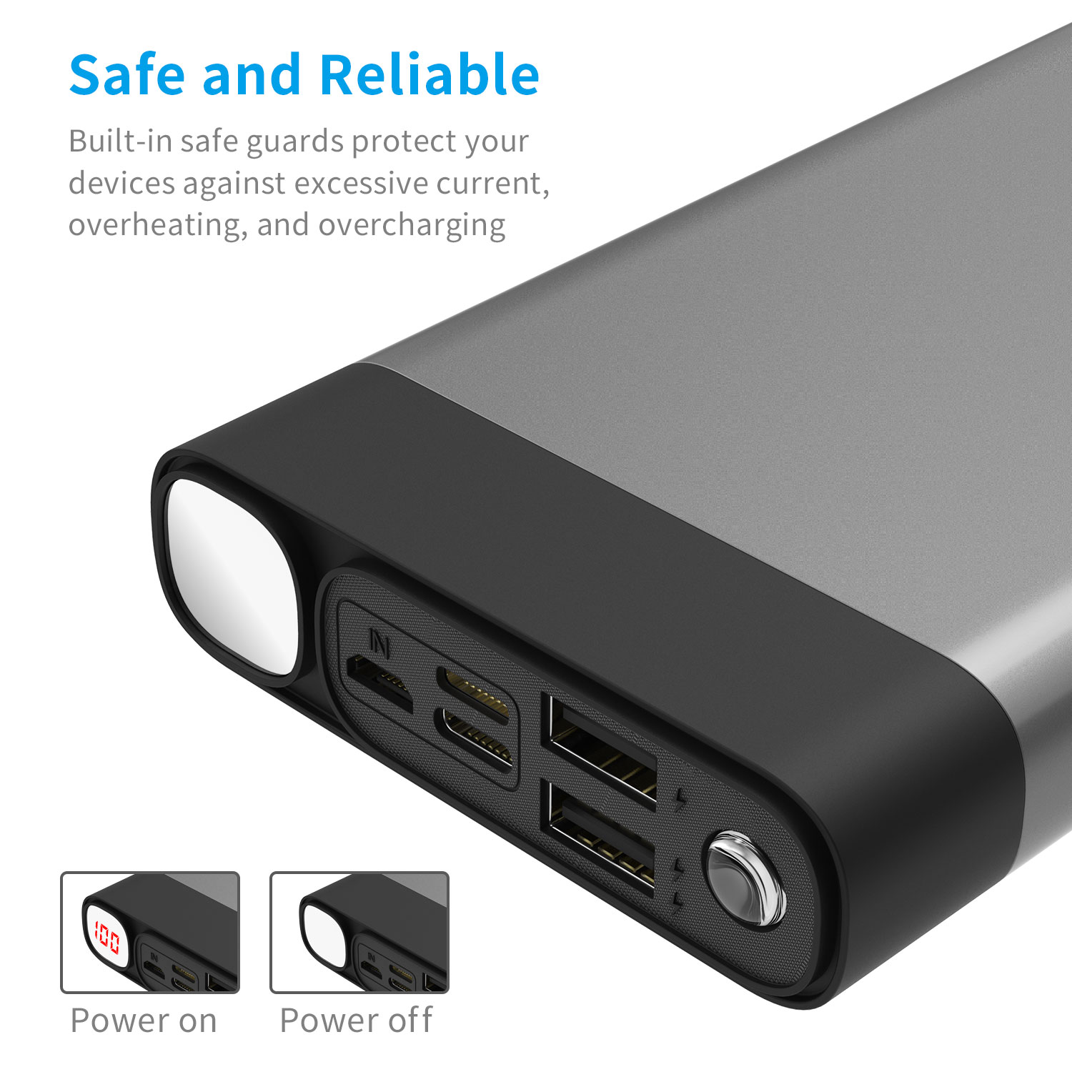 Power Banks 27000mAh Safety Metal Shell With LED Display(Please Remove the Protective Film) 2x USB Ports Mini Flashlight Portable Phone Charger Quick Charge Mobile Phones Tablet etc.(Grey_30000mAh)
